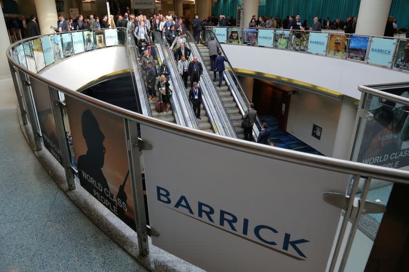 FILE PHOTO: The logo of sponsor Barrick Gold Corporation is seen as visitors arrive during the PDAC convention in Toronto