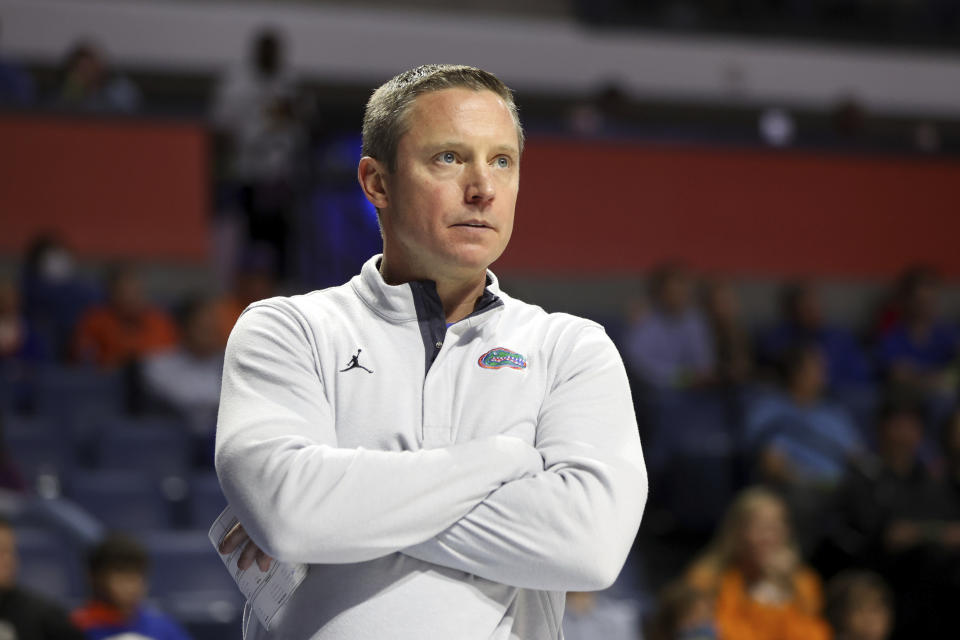 Florida head coach Mike White looks on during the second half of an NCAA college basketball game against Texas Southern, Monday, Dec. 6, 2021, in Gainesville, Fla. (AP Photo/Matt Stamey)