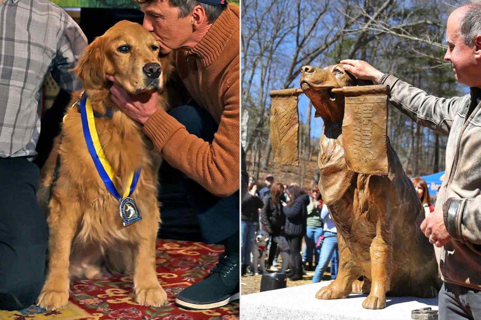 <p>David L. Ryan/getty; John Tlumacki/Getty </p> Spencer, the official dog of theBoston Marathon, (left) and the statue of Spencer unveiled on the marathon route in 2024
