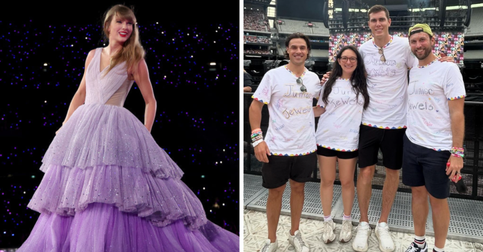 Taylor Swift in purple gown on Eras tour and AFL player Mason Cox with friends 