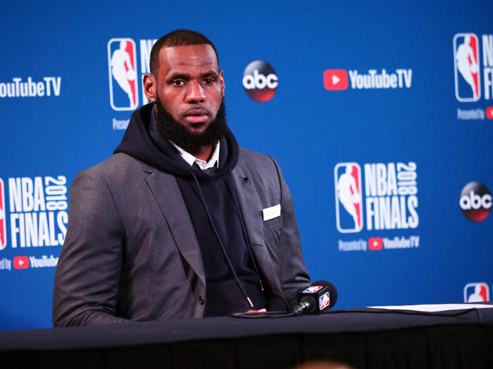 Cleveland Cavaliers forward LeBron James (23) speaks to media following game two of the 2018 NBA Finals at Oracle Arena.