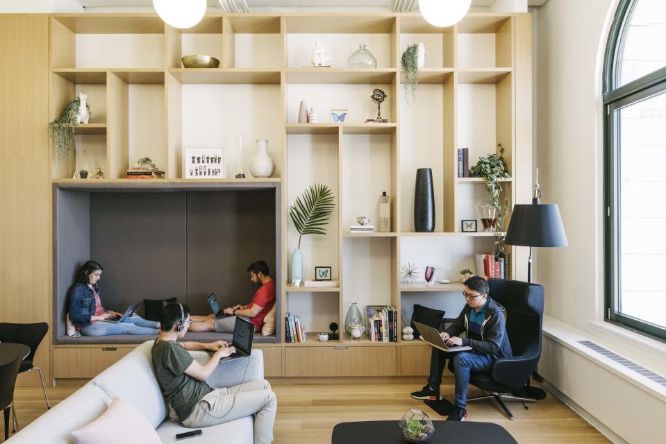 In the library, employees are encouraged to relax and take in a view.