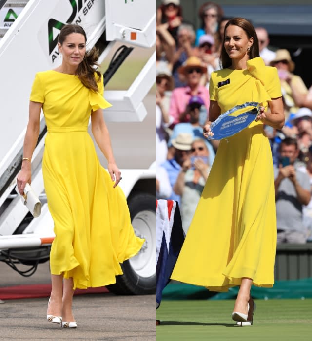 <p>Yellow looks so good on the Princess of Wales, especially when she’s rocking this Roksanda’s Brigitte Dress in yellow. She debuted the dress in March 22, 2022 when she and Prince William arrived in Jamaica for their Caribbean Tour, and wore it again less than two months later for Wimbledon!</p>