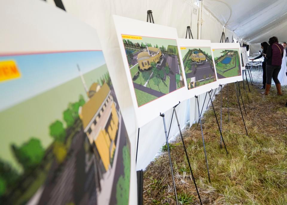 Drawings of the future plans for the mosque is on display during a gathering at a ground breaking ceremony for the Islamic Life Center apart of the Al Salam Foundation on Saturday, Oct. 29, 2022, on Shelborne Road in Carmel. 