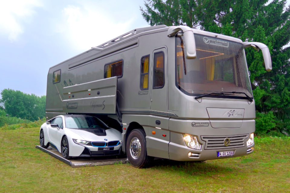 <em>Cars can fit inside the built-in garage of the Volkner Mobil Performance S motorhome (Caters)</em>