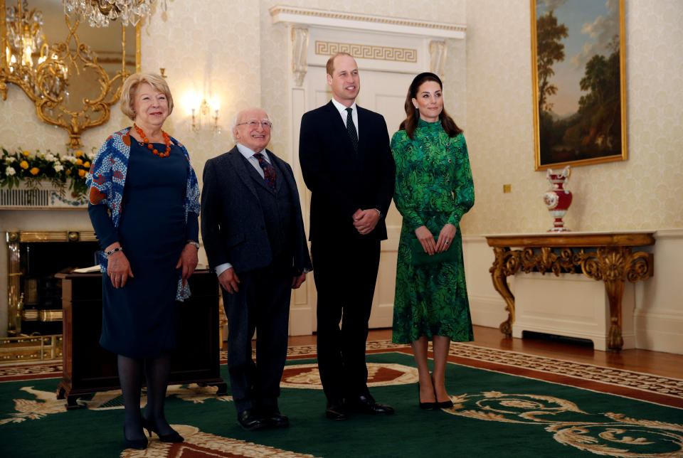The Duke and Duchess of Cambridge meet with the President of Ireland, Michael D. Higgins and his wife Sabina Coyne at Aras an Uachtarain, Dublin, during their three day visit to the Republic of Ireland.