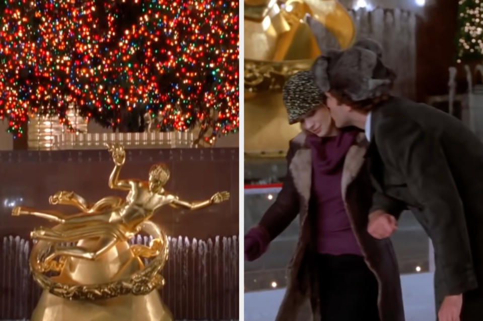 Buddy and Jovie from the movie "Elf" are ice skating at Rockefeller Center during Christmas time.