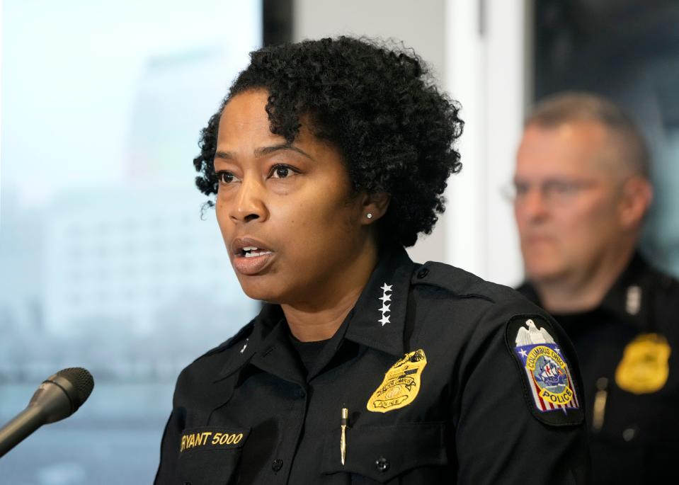 Columbus police Chief Elaine Bryant addresses the media Monday about the violence that saw three seperate shootings early Saturday morning, including gunfire that injured 10 people and closed the Short North for hours.