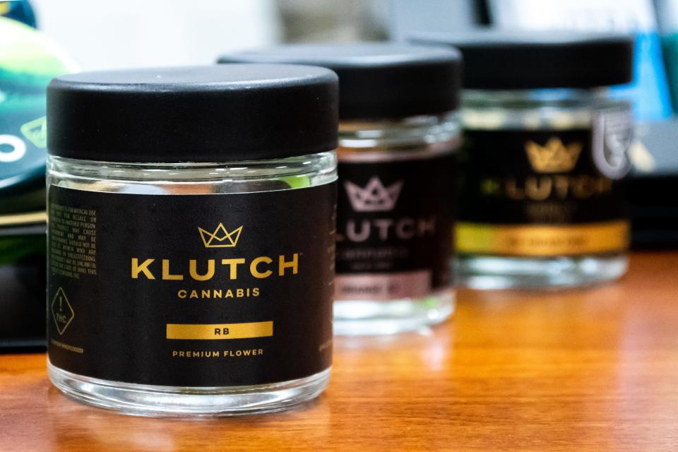 Empty Klutch jars line the display case at Backroad Wellness in Cambridge. The dispensary is set to open in April and will offer premium flower, edibles, oils and other medical marijuana products.