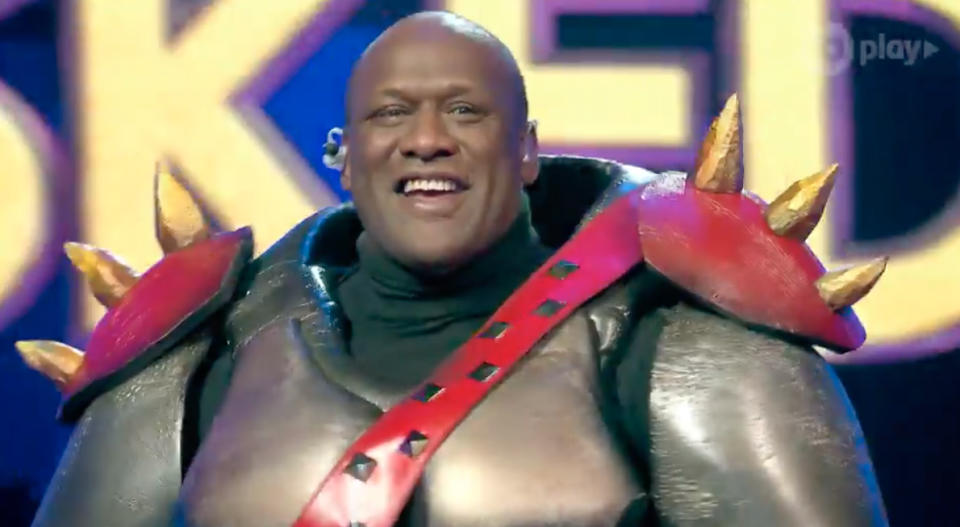 Did you guess correctly? Wendell Sailor was unmasked as the Rhino in episode four of The Masked Singer. Photo: Channel 10.