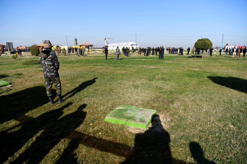 Iranian passenger plane is seen after sliding off the runway upon landing at Mahshahr airport