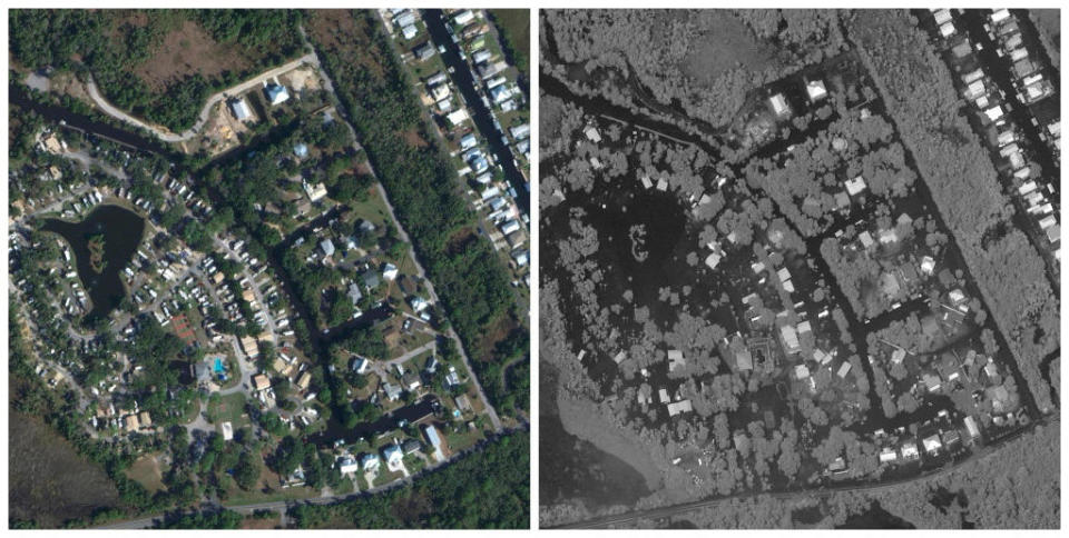 A combination picture shows satellite images of Crystal River before flooding (L) on January 12, 2023, and flooding in the aftermath of Hurricane Idalia in Florida, U.S., August 30, 2023. / Credit: Maxar Technologies/Handout via REUTERS