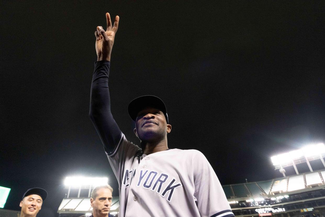 New York Yankees starting pitcher Domingo German (0) acknowledges fans after pitching a perfect game against the Oakland Athletics on June 28, 2023, at Oakland-Alameda County Coliseum. It was the fourth perfect game in Yankees history and the last no-hitter by a Bronx Bomber.