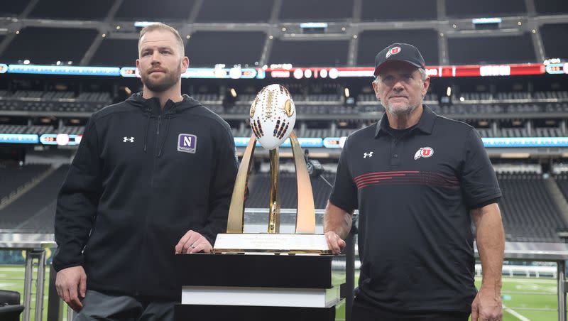 David Braun of Northwestern and Kyle Whittingham of Utah pose together at the Kickoff Media Conference prior to the 2023 Las Vegas Bowl at Allegiant Stadium in Las Vegas on Friday, Dec. 22, 2023. The game is Saturday.
