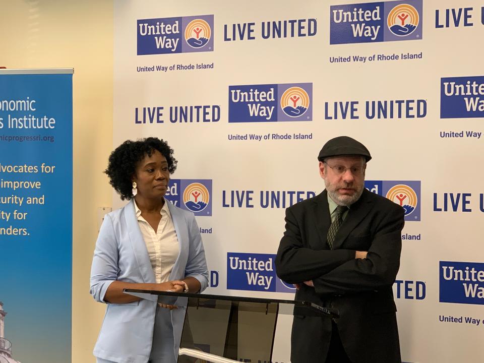 Weayonnoh Nelson-Davies, left, director, and Alan Krinsky, analyst, release the Economic Progress Institute's biennial report on wages and the cost of living in Rhode Island.