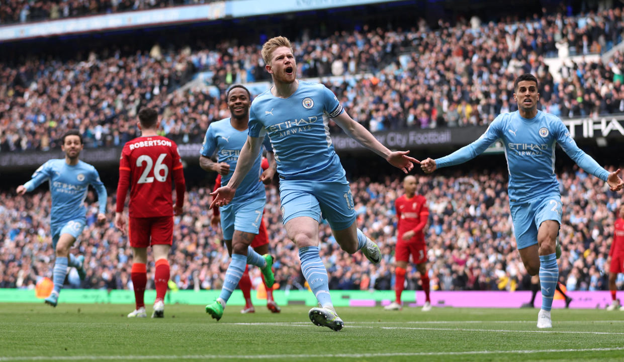 Manchester City's Kevin de Bruyne celebrates scoring their first goal against Liverpool in their Premier League clash.