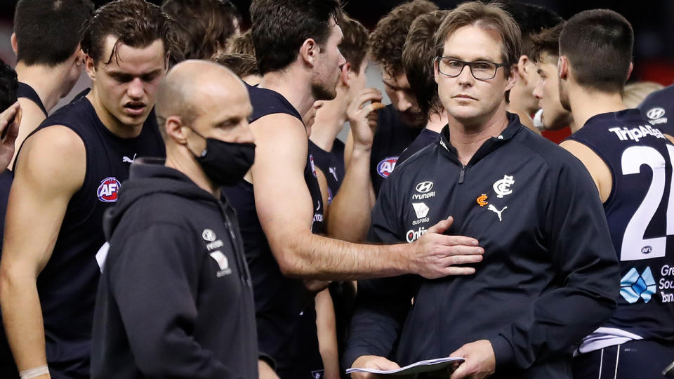 Carlton won 21 of 50 games coached by David Teague before he was sacked as coach after the 2021 season. (Photo by Michael Willson/AFL Photos via Getty Images)