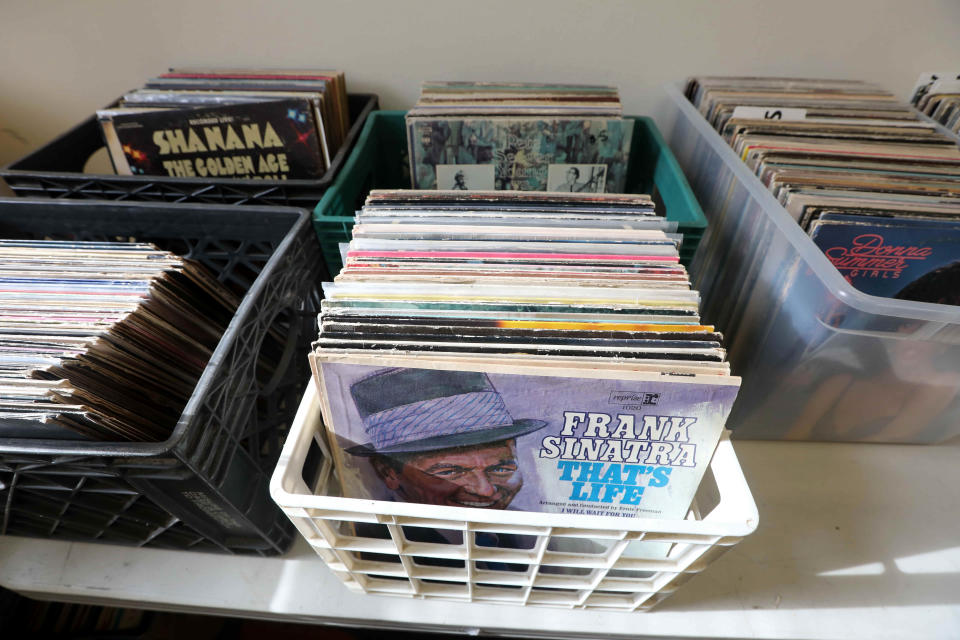 Stacks of records for sale at Marquee Records, a used record shop located above the Tarrytown Music Hall Nov. 17, 2021.Greg Jacquin, who has volunteered at the music hall for years, started the record shop earlier this year as a way to raise money to support the concert venue. Most records are sold for $2 each. Since opening in April of this year, the record shop has made over $8,000.