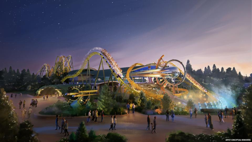 Universal says Starfall Racers will be the "most thrilling coaster experience" at Epic Universe with "unique maneuvers such as the 'Celestial Spin,' in which the two coaster vehicles perform an inverted crisscross while speeding through the air."