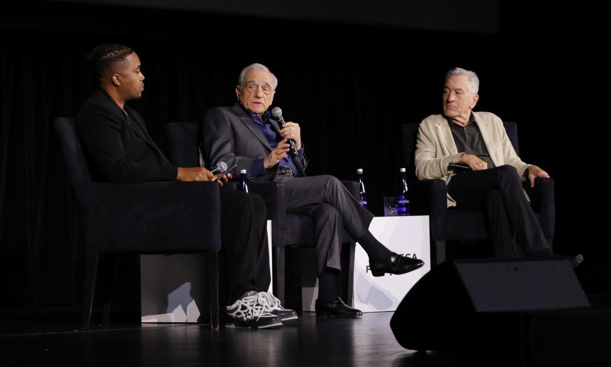 <span>‘People ask how we work together’, Martin Scorsese said on stage with Nas (left) and Robert De Niro during the Tribeca film festival.</span><span>Photograph: Michael Loccisano/Getty Images for Tribeca Festival</span>