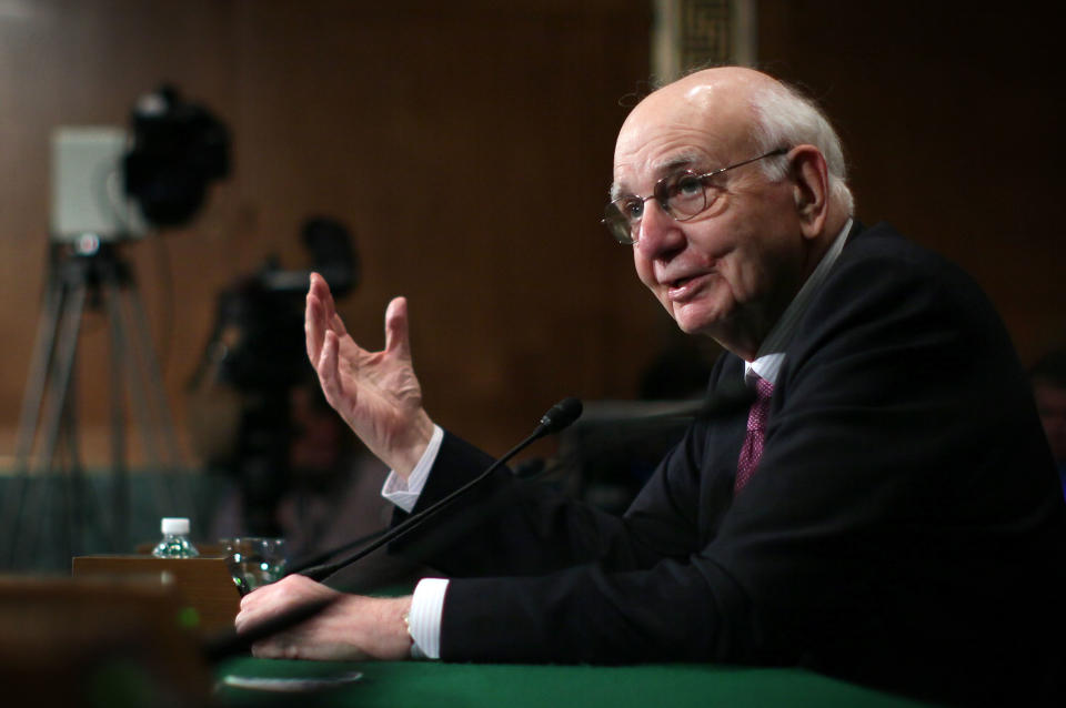 Former Federal Reserve Board Chairman Paul Volcker testifies during a hearing before the Financial Institutions and Consumer Protection Subcommittee of Senate Banking, Housing and Urban Affairs Committee May 9, 2012 on Capitol Hill in Washington, DC. (Photo by Alex Wong/Getty Images)