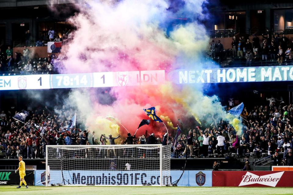 March 16, 2019 - The Bluff City Mafia cheers for the first goal in Memphis 901 FC team history.