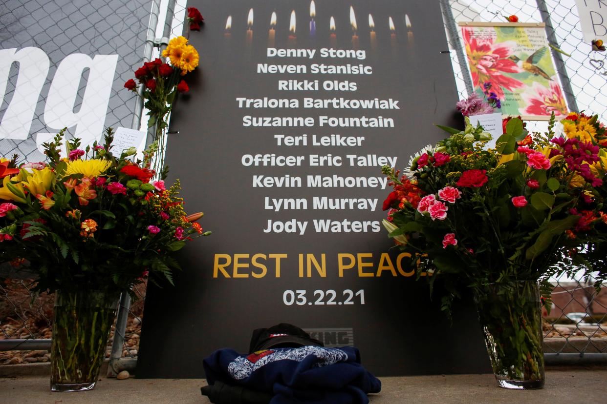 <p>A sign honoring the 10 victims is seen at the site of a mass shooting at a King Soopers grocery store in Boulder, Colorado, U.S. March 23, 2021.  </p> (REUTERS/Kevin Mohatt)