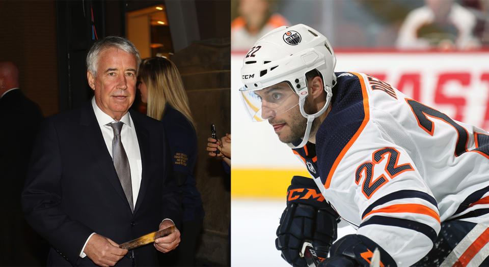 Bob Nicholson, left, didn’t have many nice things to say about Tobias Rieder, right, at a recent Oilers season ticket holders event. (Getty)