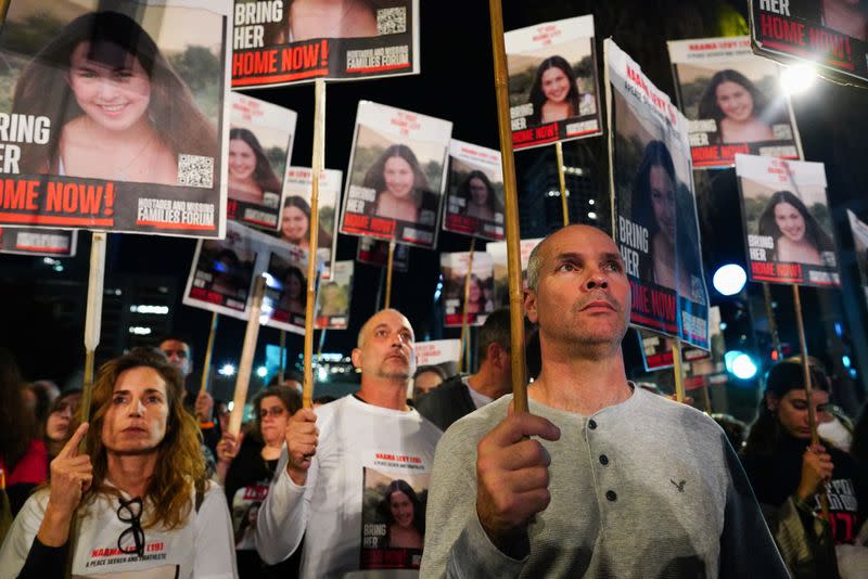 Families of hostages and supporters protest to call for the release of hostages kidnapped on the deadly October 7 attack by Palestinian Islamist group Hamas, in Tel Aviv