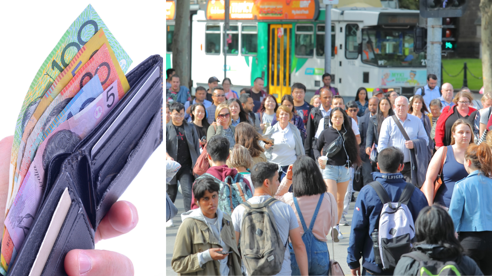 Composite image of people crossing a busy street, and a hand holding a wallet with Australian money wages.