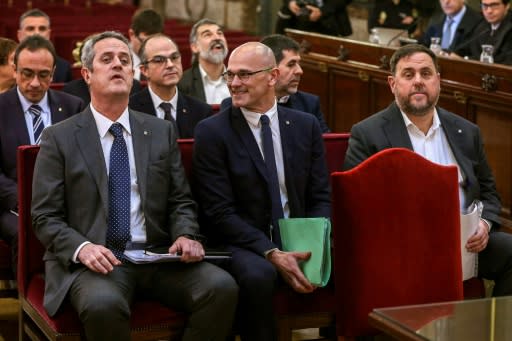 The vice-president of Spain's Senate concluded that Catalan leader Raul Romeva (C, pictured February 2019) had to be automatically suspended since he is in jail