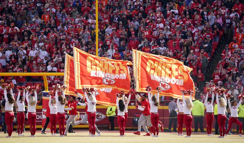 A general view of Kansas City Chiefs cheerleaders on field against the Denver Broncos prior to a game at GEHA Field at Arrowhead Stadium.