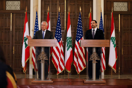 U.S. Secretary of State Rex Tillerson gestures as he talks during a joint news conference with Lebanon's Prime Minister Saad al-Hariri at the governmental palace in Beirut, Lebanon, February 15, 2018. REUTERS/Mohamed Azakir