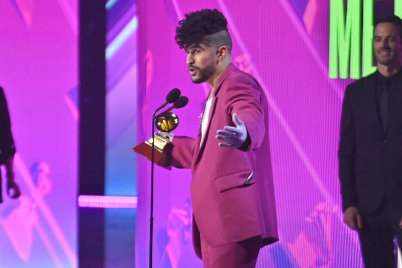 Bad Bunny accepts the award for Best Urban Music Album onstage during the 22nd Latin Grammy Awards at the MGM Garden Arena in Las Vegas in 2021. File Photo by Jim Ruymen/UPI