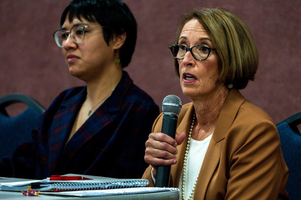 Des Moines mayor candidate Connie Boesen speaks during a forum hosted by the Des Moines NAACP chapter at Corinthian Baptist Church on Tuesday, Oct. 17, 2023 in Des Moines. Competitor Denver Foote is seated to her right.