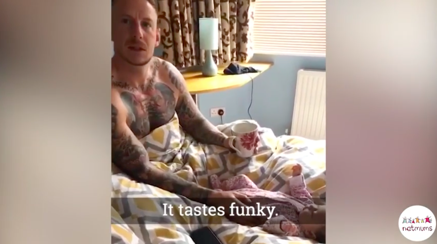 A video of a mum putting breast milk in her husband’s tea is going viral [Photo: YouTube/Netmums Parenting]