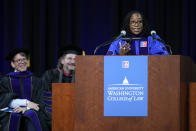 Supreme Court Associate Justice Ketanji Brown Jackson speaks at the commencement ceremony for American University's Washington College of Law, Saturday, May 20, 2023, in Washington. (AP Photo/Patrick Semansky)