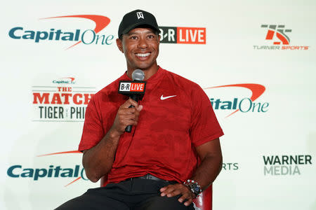 FILE PHOTO: November 20, 2018; Las Vegas, NV, USA; Tiger Woods addresses the media during a press conference before The Match: Tiger vs Phil golf match at Shadow Creek Golf Course. Mandatory Credit: Kyle Terada-USA TODAY Sports/File Photo