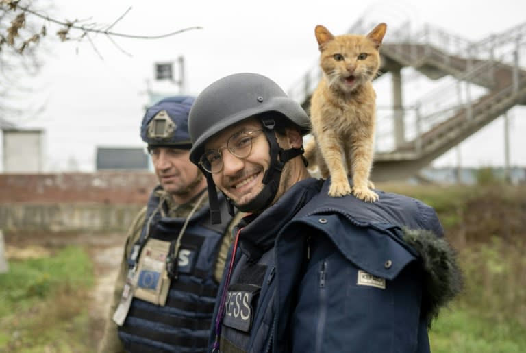 El periodista de la AFP Arman Soldin sonríe a la cámara con un gato sobre los hombros durante una misión en Ucrania el 11 de noviembre de 2022 (Bulent Kilic)