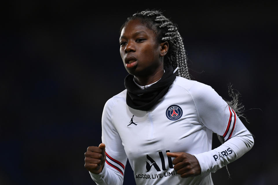 PARIS, FRANCE - NOVEMBER 09: Aminata Diallo of Paris Saint-Germain warms up before the UEFA Women's Champions League group B match between Paris Saint-Germain and Real Madrid at Parc des Princes on November 09, 2021 in Paris, France. (Photo by Aurelien Meunier - PSG/PSG via Getty Images)