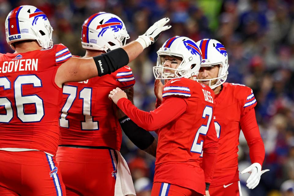 ORCHARD PARK, NEW YORK - OCTOBER 15: Tyler Bass #2 of the Buffalo Bills reacts after a field goal attempt in the second quarter of a game at Highmark Stadium on October 15, 2023 in Orchard Park, New York. (Photo by Bryan M. Bennett/Getty Images)