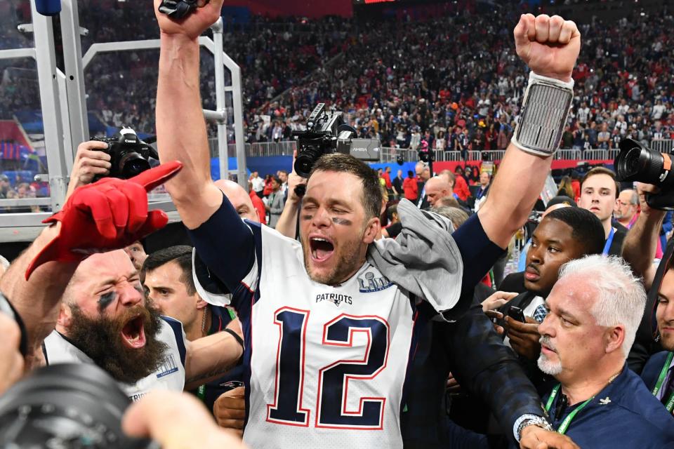 Tom Brady celebrates the New England Patriots' victory over the Los Angeles Rams in Super Bowl 53 in Atlanta.