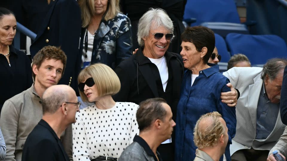 (From left) Eddie Redmayne, Anna Wintour and Jon Bon Jovi at the US Open final on Sunday in New York. - Angela Weiss/AFP/Getty Images