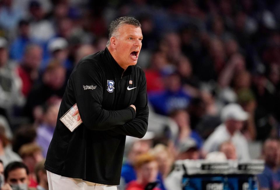 Creighton basketball coach Greg McDermott reacts during a game against Kansas in the second round of the NCAA Tournament on March 19, 2022 at Dickies Arena in Fort Worth, Texas.