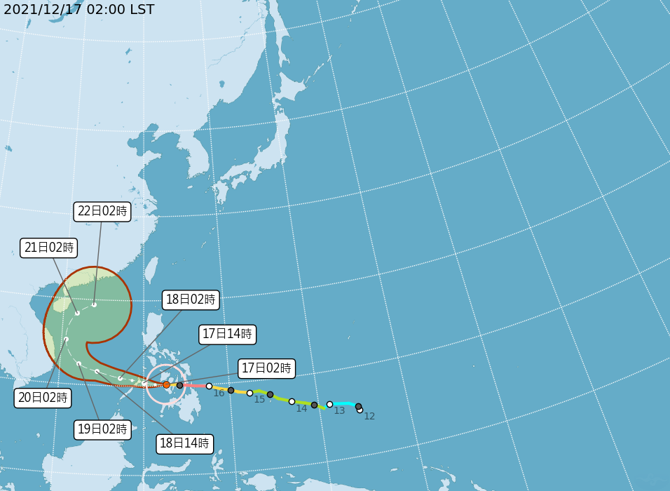 中央氣象局預測颱風路徑。（中央氣象局提供）