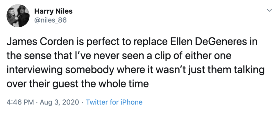 Tweet about James Corden replacing Ellen DeGeneres