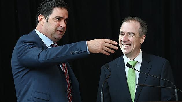 Lyon with Gerard Whateley at the unveiling of Jim Stynes statue in 2014. Pic: Getty