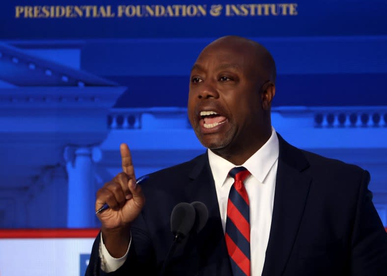 Republican presidential candidate U.S. Sen. Tim Scott (R-SC) delivers remarks during the FOX Business Republican Primary Debate at the Ronald Reagan Presidential Library on Sept. 27, 2023, in Simi Valley, California. Seven presidential hopefuls squared off in the second Republican primary debate as former U.S. President Donald Trump, currently facing indictments in four locations, declined again to participate. (Photo by Justin Sullivan/Getty Images)