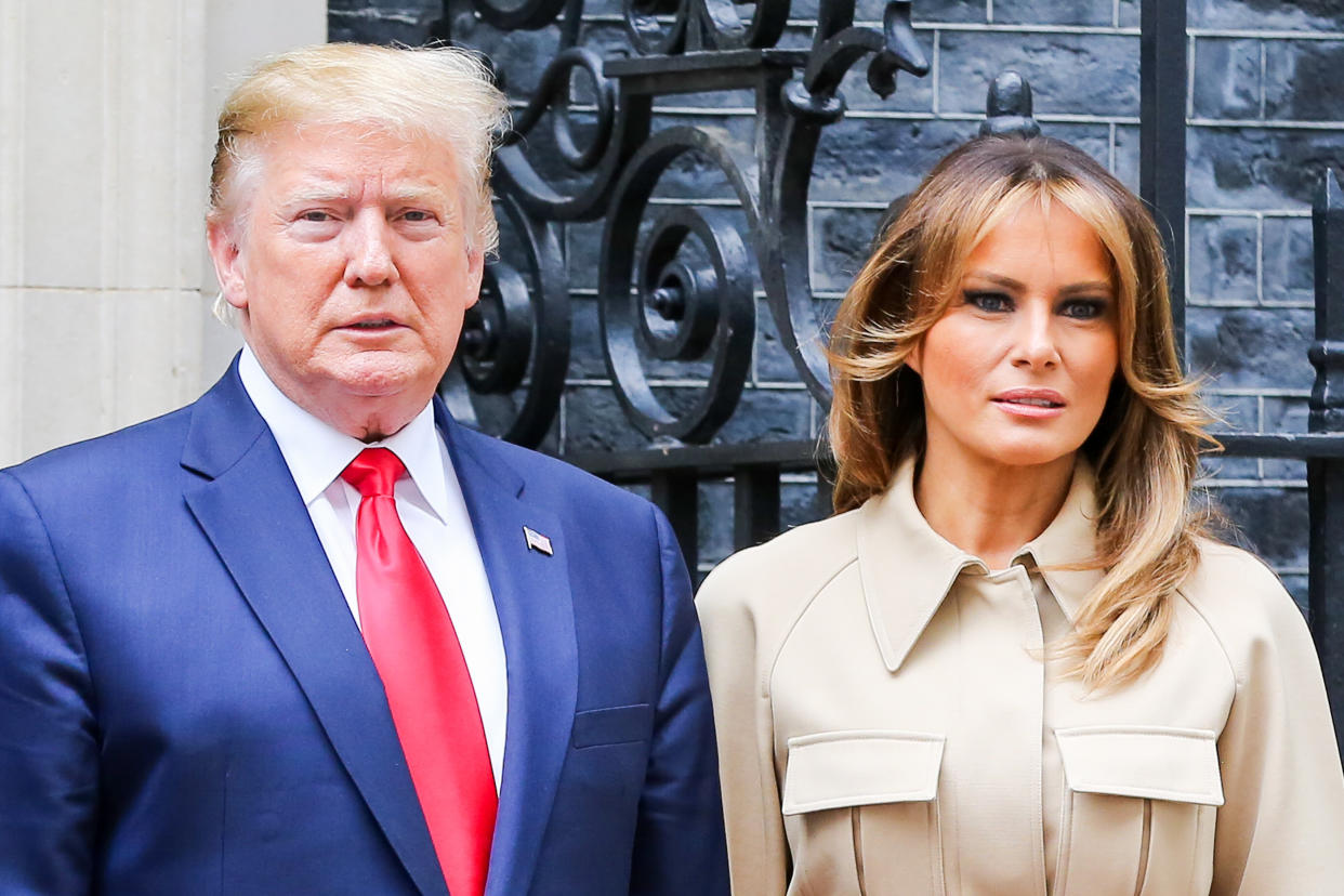 LONDON, UK, UNITED KINGDOM - 2019/06/04: US President Donald Trump and First Lady Melania Trump on the steps of No 10 Downing Street during the second day of their State Visit to the UK. (Photo by Dinendra Haria/SOPA Images/LightRocket via Getty Images)