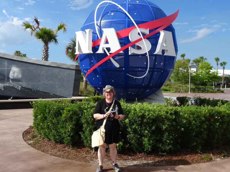 This 2015 photo provided by June Dorricott of Brisbane, Australia, shows her during a visit to the Kennedy Space Center in Florida. On July 21, 1969, while others were watching in the wee hours of the night or morning, June was spending the afternoon home on an unofficial day off from school: “I was seven years old and waiting at the bus stop in a little town called Toowoomba, Australia when my mother came up to get me. She told me I didn't have to go to school because a man was going to walk on the moon. Little Judy Wakefield, who was waiting with me, started to cry, and mum told her she had the day off too, so she could go home. I found out much later in life that we didn’t actually have off school. I really think she thought it was important that we witness a man make history live on TV. (Courtesy June Dorricott via AP)